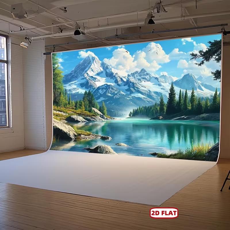 2D Forest Lake Tapestry, Snowy Mountain & Green Pine for Home Decor