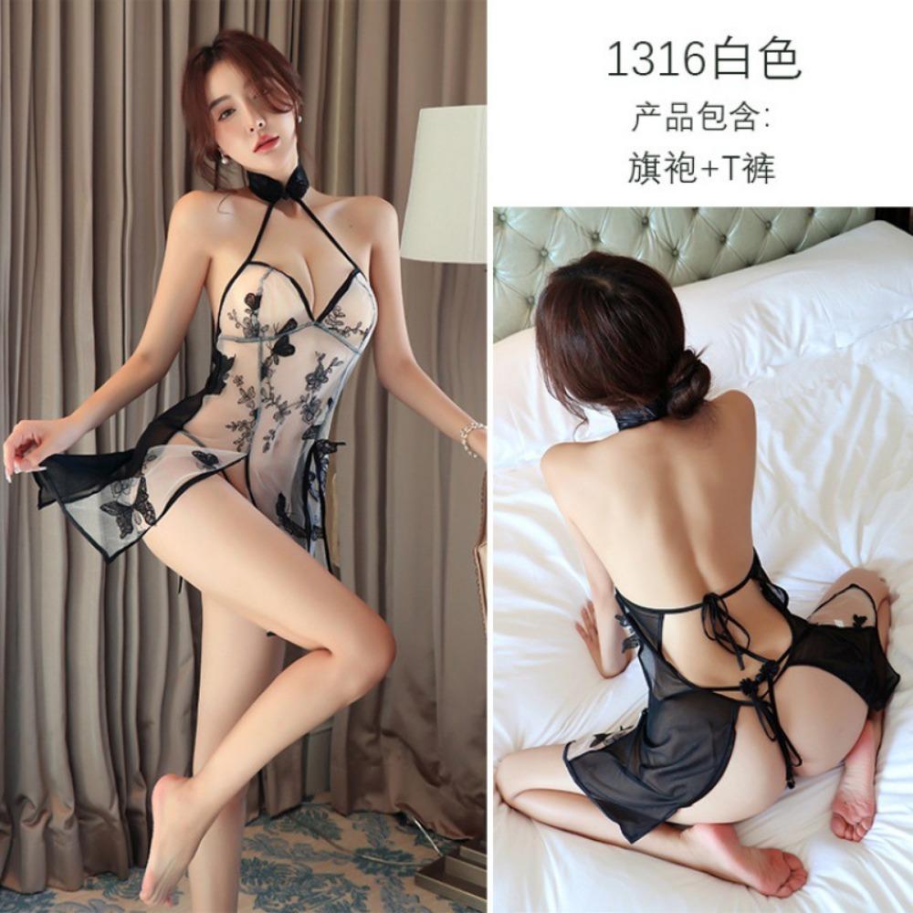 Sex Underwear Butterfly Embroidered Pajamas Women's Sexy Retro Cheongsam Style Uniform Temptation Set Sexy Underwear Hair