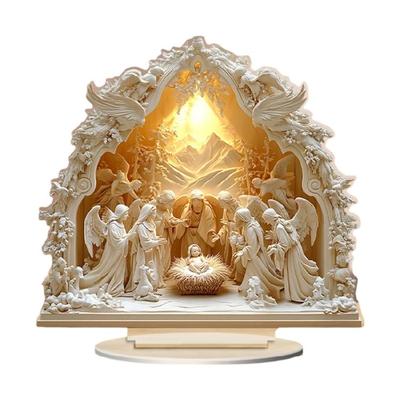 Detailed Christian Nativity Scene 2D Acrylic Sculpture Ornament with Base For Shelves Desks Or Windowsills Home Accent