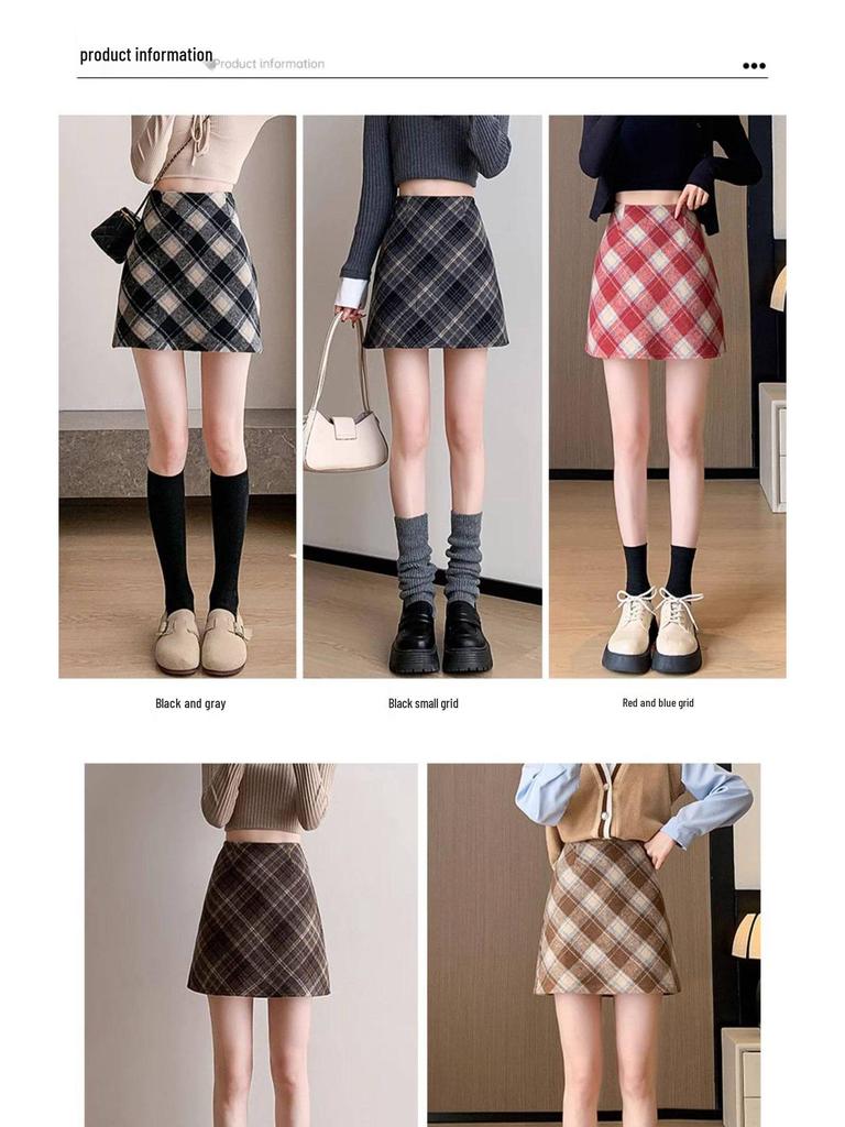 Women's Retro Wool Plaid A-line Skirt - High Waist, Slimming, Anti-exposure, Hip-hugging, Short Korean Style for Autumn/Winter