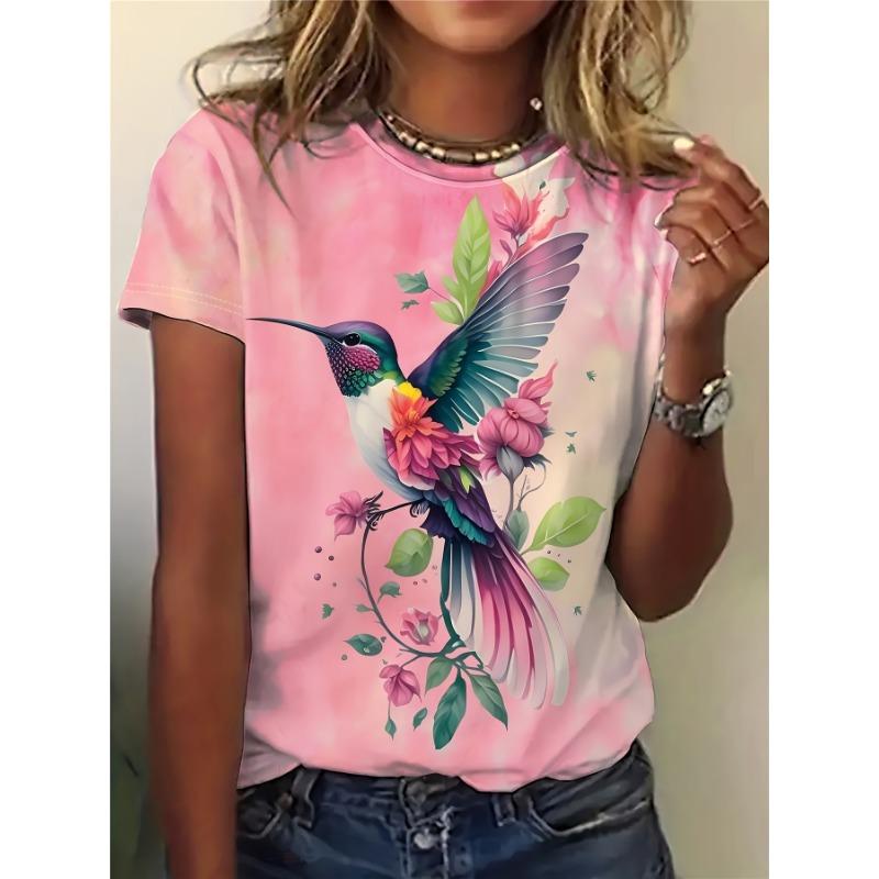 Pink Tie-Dye Women s Tee - Hummingbird Floral Graphic, Vibrant Tropical Bird Print Design for Casual Daily Wear S