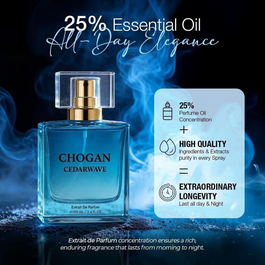 CHOGAN CEDARWAVE Extrait de Parfum – Crisp Sea Water, Mint & Lavender Opening with Neroli, Jasmine Heart & Deep Oakmoss-Cedarwood Base |
