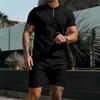 Men's short-sleeved shorts casual suit summer waffle Solid color casual loose lapel T-shirt set