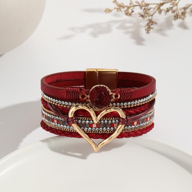 Boho Layered Leather Wrap Bracelet With Natural Stone Heart Charm Women