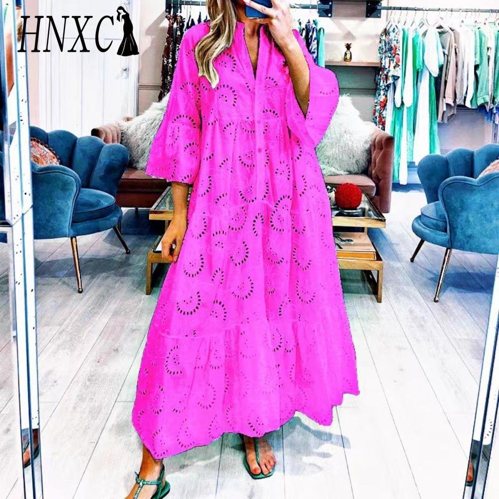 

HNXC 8 кольорів S-5XL Жіноча мода Літо Весна Однотонний принт Рукав 3/4 V-подібний виріз Повсякденні сукні XXXL рожевий червоний колір