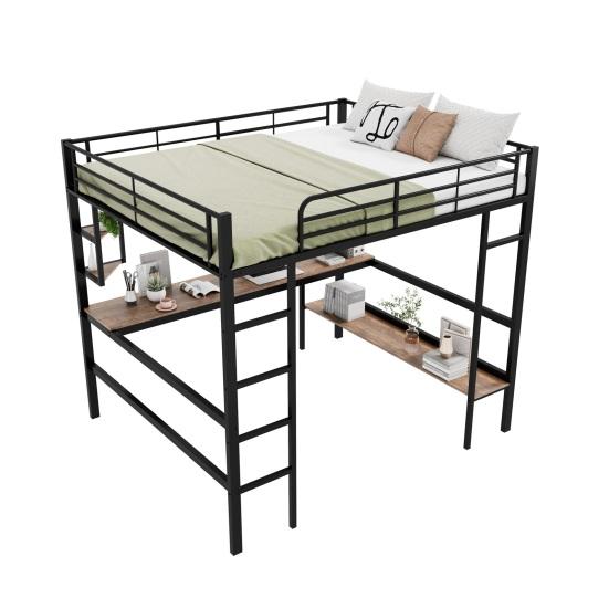 Children Bed Strong Carrying Capacity Metal with Large Bookshelf Four Small Shelves Ladder Fall Protection Grilles Home Frame Loft Furniture Bunk