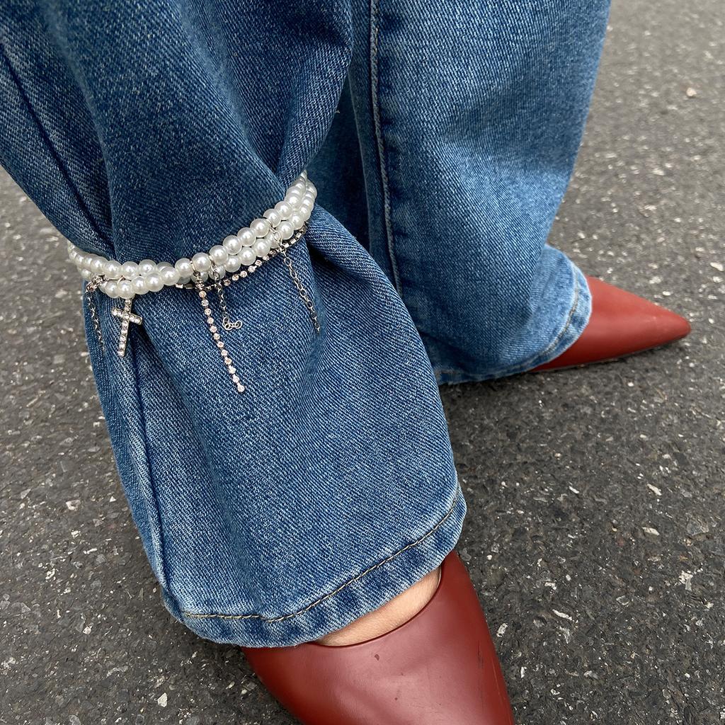 ins romantic Su chain pants anklet decoration, beaded imitation pearl diamond cross shortened foot decoration