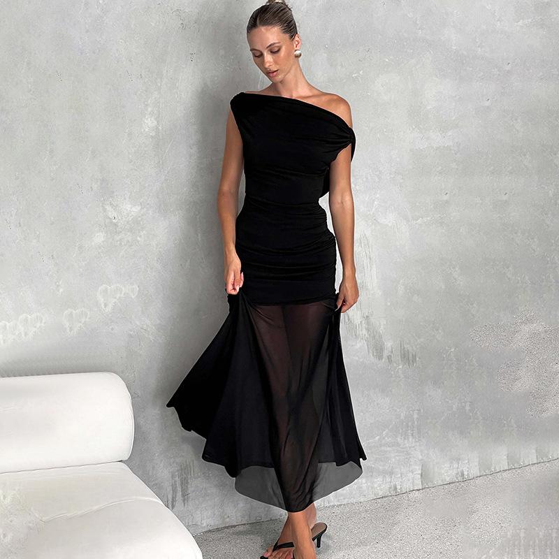 JY25022 Cowl Neck Backless Mesh Dress - European & American Style, Sexy Slim Fit, Long Spring 2025 Fashion