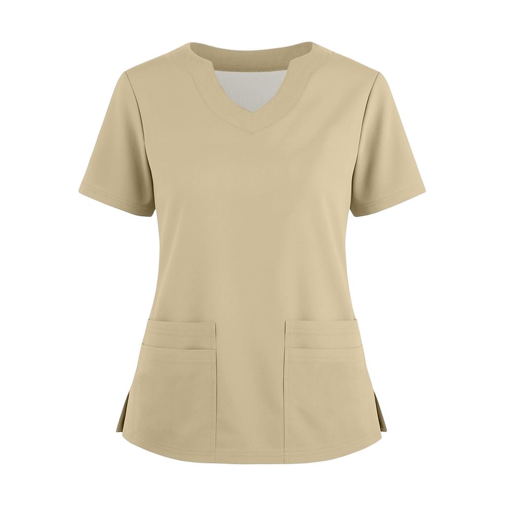 Women's Short Sleeved Color V-neck Buttonable Side Slit Top T-shirt