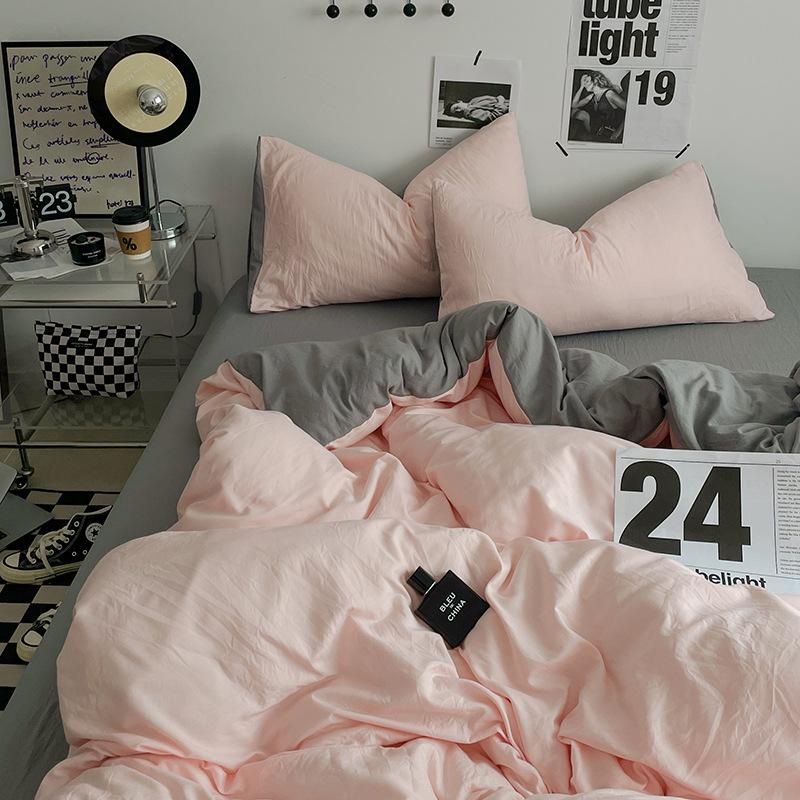 Bed Sheet Quilt Cover Nude Sleeping Pure Cotton Four-piece Set Washed Cotton Soft Bed Sheet Quilt Cover Solid Color Bedding