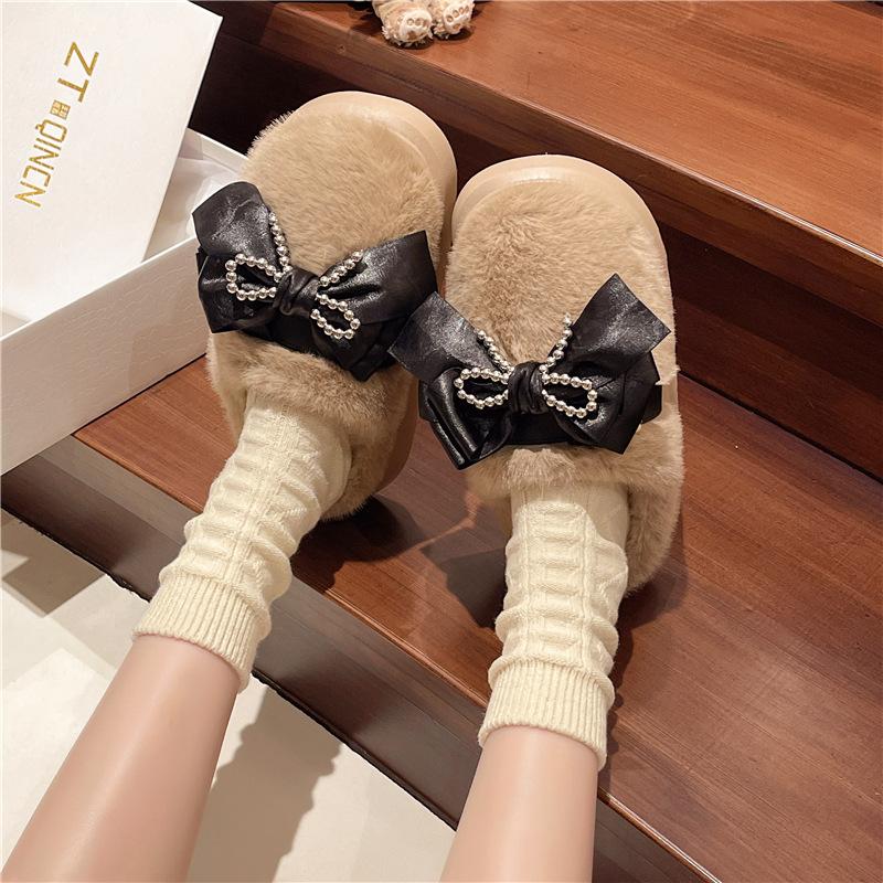 Schleife 2025 Herbst und Winter neue Damen Winter Indoor Zuhause weiche Sohle rutschfest warm Plüsch dicke Sohle Baumwollpantoffeln
