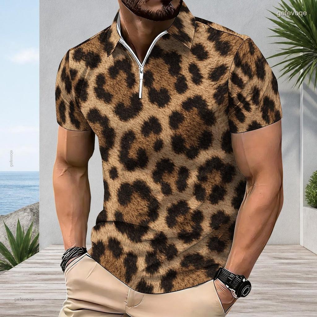 Men Plus Size Short Sleeve Quarter Zip Collared Blue Camouflage Printed Polo Shirt