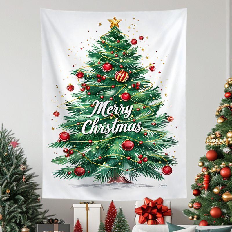 White Hand Drawn Christmas Tree Wall Tapestry Merry Text Red Ornament Ball Gold Star Snowflake Holiday Aesthetic Home