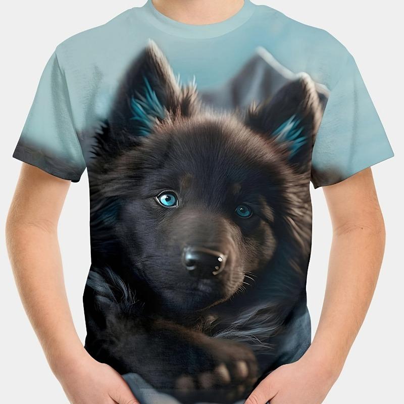 Barneklær Gutter T-skjorte Kort Erme 3D Hundetrykk Barn Sommerklær Kreativ Stilfull Streetwear Rund Hals Jenteklær