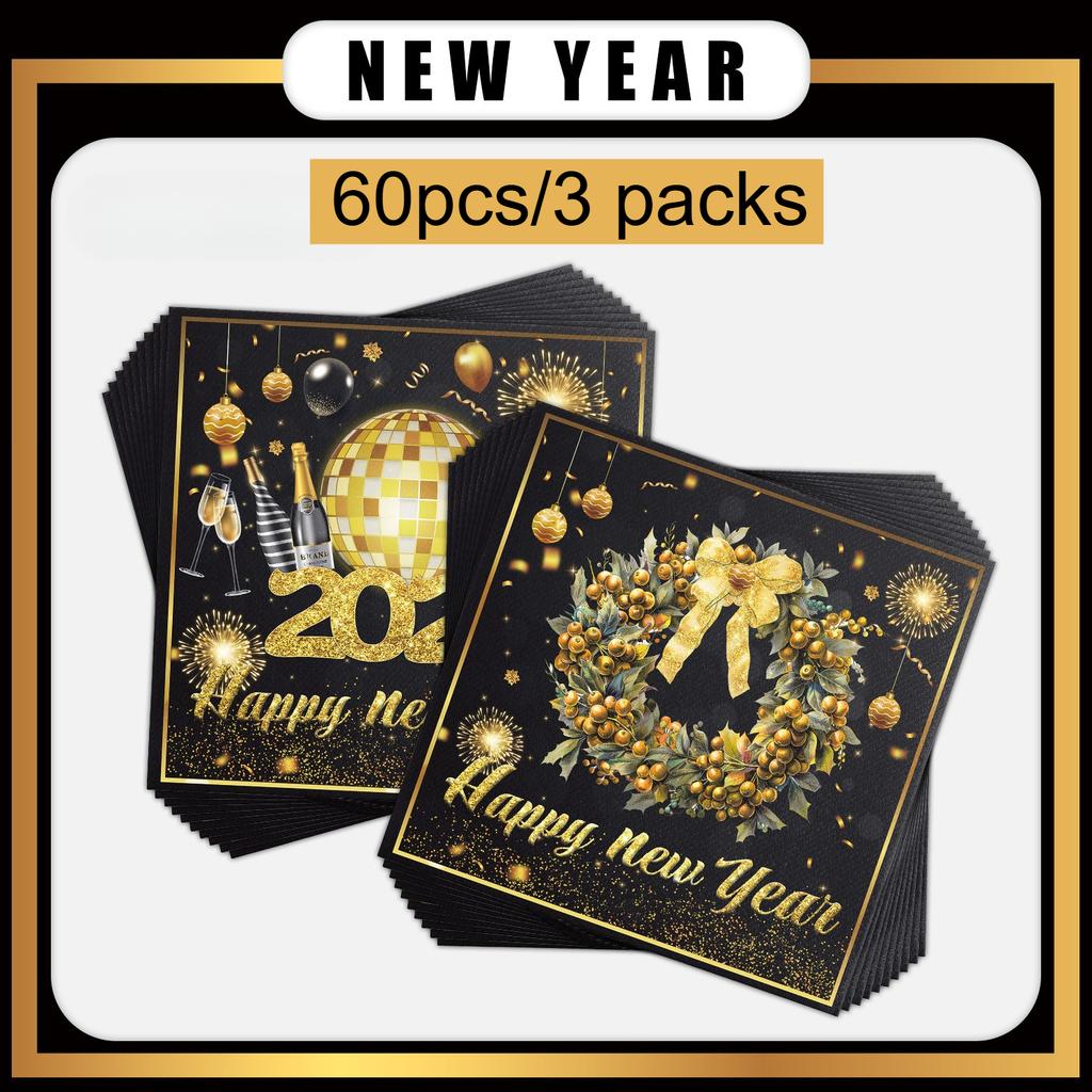 20/60pcs black and Golden theme 2026 New Year Christmas Party tissues. Disposable tissues are suitable for theme parties
