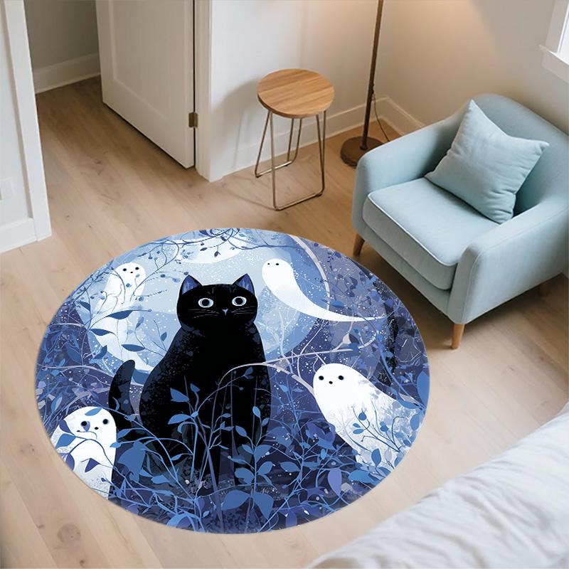 Night Cat Round Area Rug,Carpet Rug for Living Room Bedroom Sofa Playroom Decor,Non-slip Floor Mat