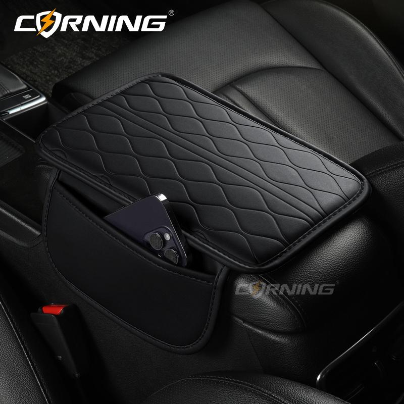 Universal Car Armrest Pad - PU Leather Memory Sponge Armrest Cushion Vehicle Center Console Cover Protector With Side Pocket E-Black