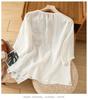 Women's Artistic Embroidered V-Neck Cotton Linen Top - Casual, Loose Fit, Slimming Short Sleeve