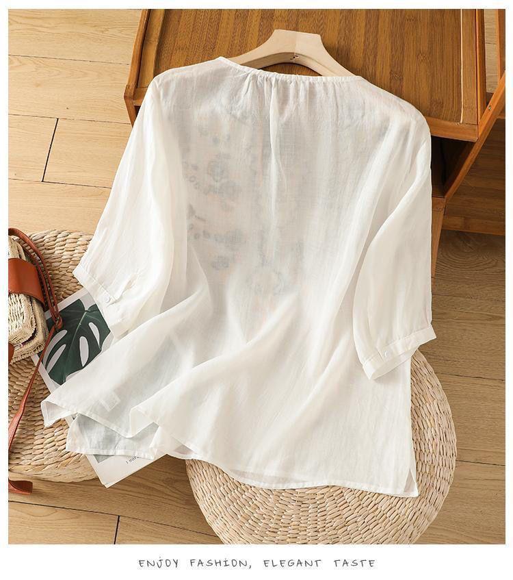 Women's Artistic Embroidered V-Neck Cotton Linen Top - Casual, Loose Fit, Slimming Short Sleeve
