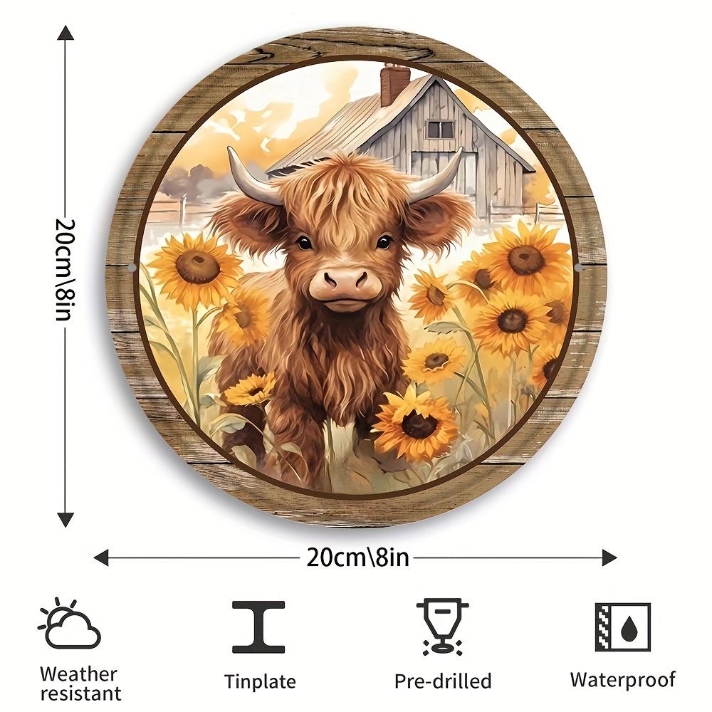 

1 шт., Знак «Подсолнух и горные коровы», Металлический жестяной венок, Круглый знак, Усиление венка (8x8 дюймов 20x20CM), Декорирование стен чёрный
