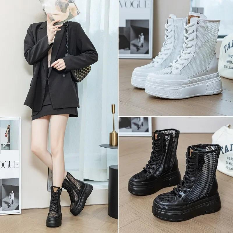 Mode Top-Qualität 8,5 cm Mesh Atmungsaktive Motorrad-Stiefeletten Lackschuhe Damen Hollow Boots Frau Mode Sandalen Sommer