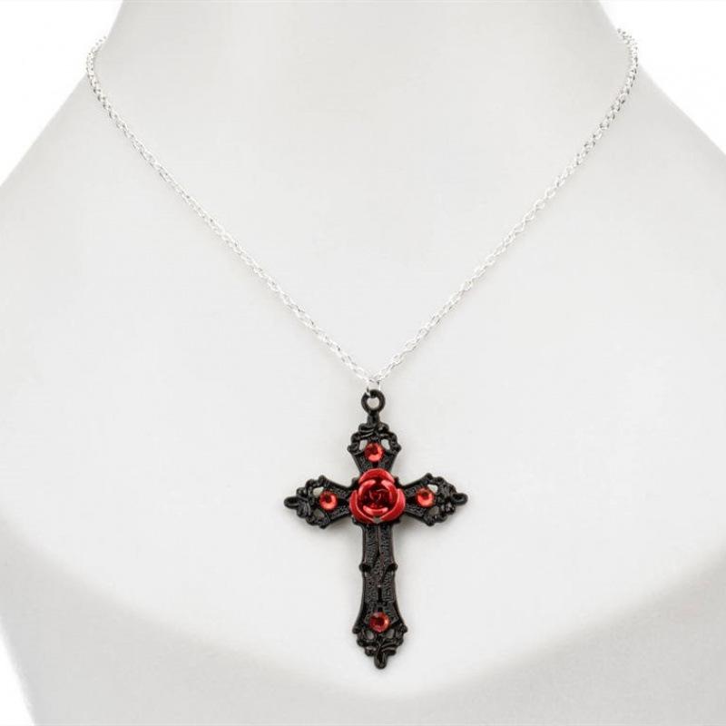 Popular Gothic Victorian Black Cross Necklace with Enamel Rose and Crystals
