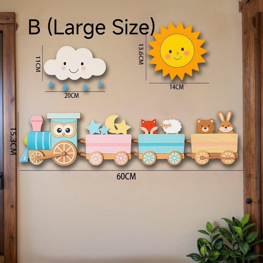 Cute Cartoon Train & Rainbow Wall Decor, Wooden Hanging Art for Kids Room