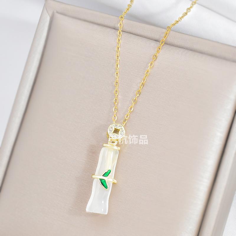 

Бамбуковое ожерелье женское Guochao ретро легкая роскошь премиум натуральный нефрит Хэтянь кулон аксессуары