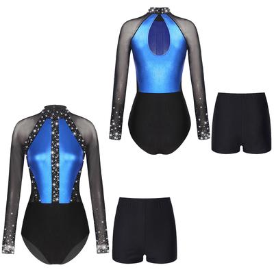 Ensemble de Danse Femme Paillettes Strass Maille Transparente Manches Longues Justaucorps avec Short Vêtements de Danse Gymnastique