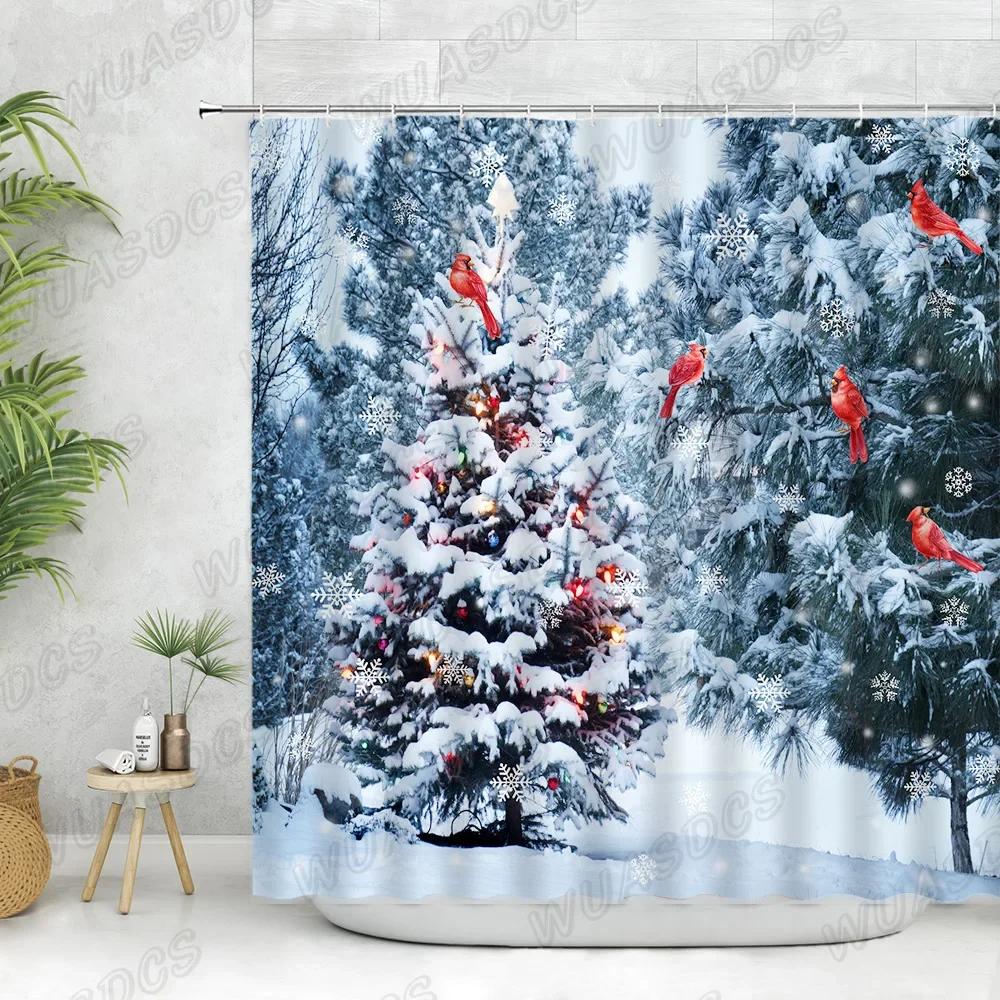 Christmas Shower Curtain Sets Vintage Red Truck Xmas Ball Pine Tree Snowman Winter New Year Gift Bathroom Decor Bath Curtains