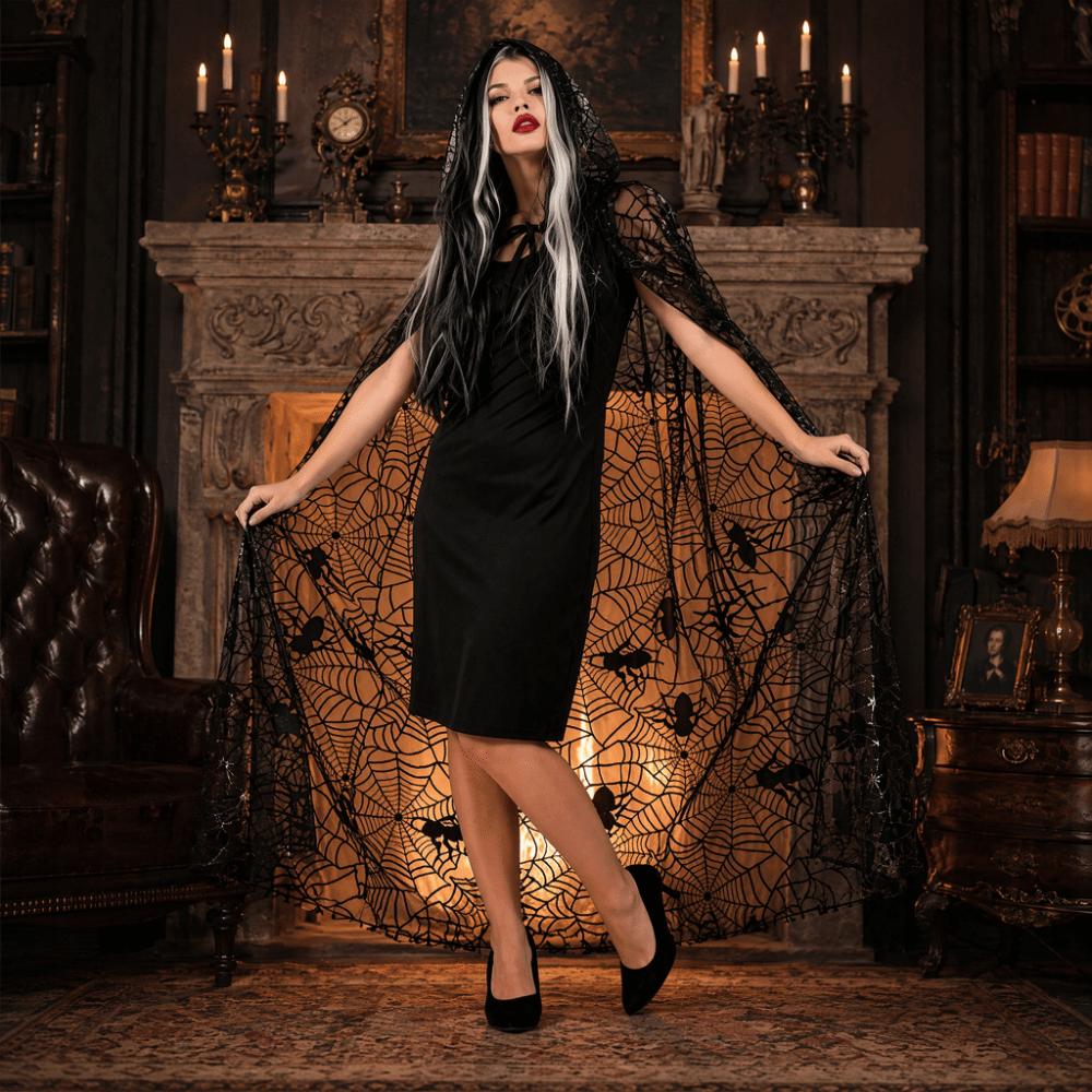 Leichter Halloween-Kapuzenumhang Halbtransparenter Langer Umhang Spinnennetz-Netzstoff Cardigan Damen