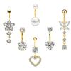 Set of 6 Gold-Plated Stainless Steel Belly Button Rings Fashion Jewelry with Pearl Heart & Hypoallergenic CZ Surgical Piercings