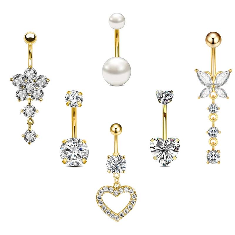 Set of 6 Gold-Plated Stainless Steel Belly Button Rings Fashion Jewelry with Pearl Heart & Hypoallergenic CZ Surgical Piercings