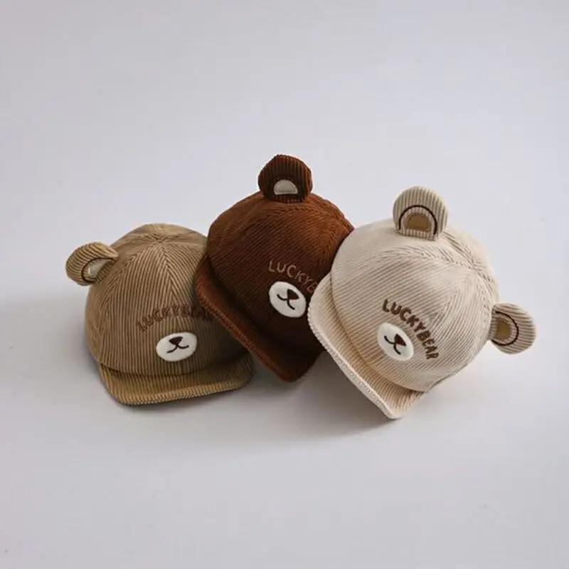 Spring Autumn Corduroy Baby Cap Cartoon Bear Infant Toddler Baseball Cap With Ears Soft Brim Boys Girls Duck Tongue Hat