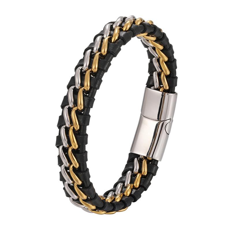 Popular Jewelry, Minimalist Style, Double Titanium Steel Chain, Genuine Leather Bracelet, Retro Punk Men's Woven Leather Rope, Geometric Lines