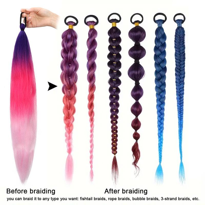 26 Zoll Synthetischer Langer Gerader Pferdeschwanz mit Elastischem Haar Bunter geflochtener Pferdeschwanz Haarverlängerungen Haarschmuck für Frauen