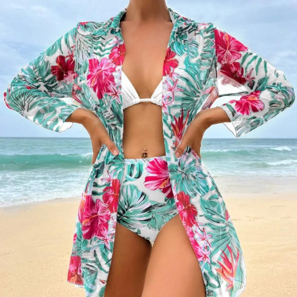 Dreiteiliger Bikini mit tropischem Druck für Frauen 2023 Neuer Badeanzug mit hoher Taille zum Überziehen Bademode Brasilianischer Biquini-Badeanzug