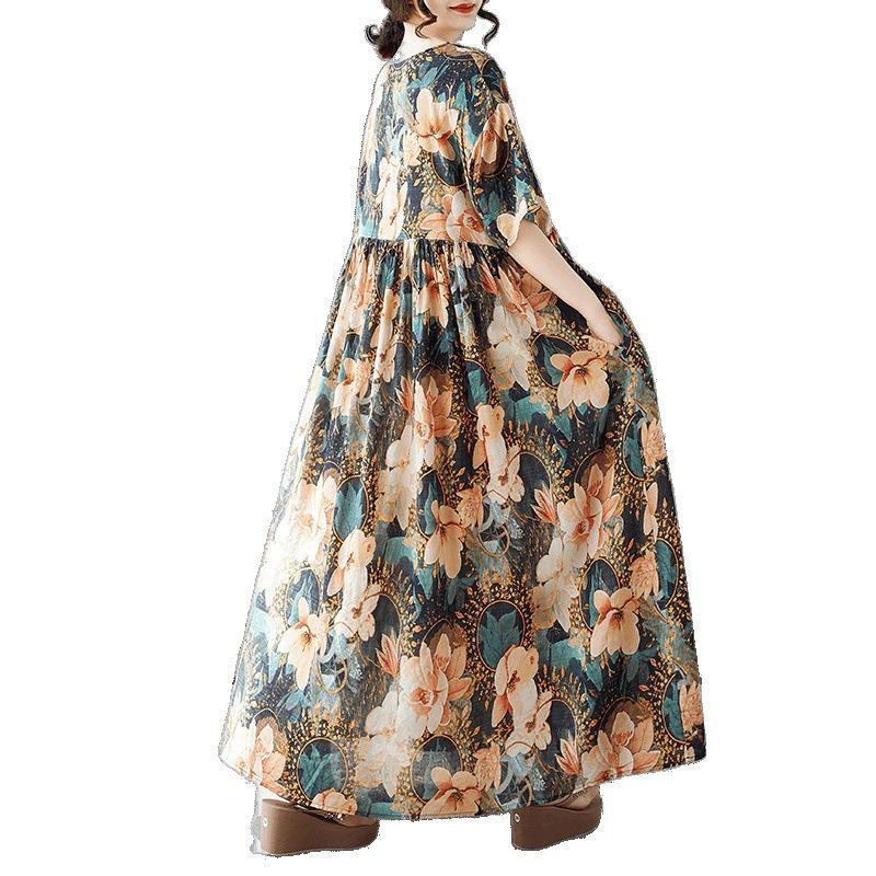 Sommer neues einfaches böhmisches langes Kleid gefettetes und vergrößertes kurzärmeliges Rundhals-Druckkleid Damenbekleidung