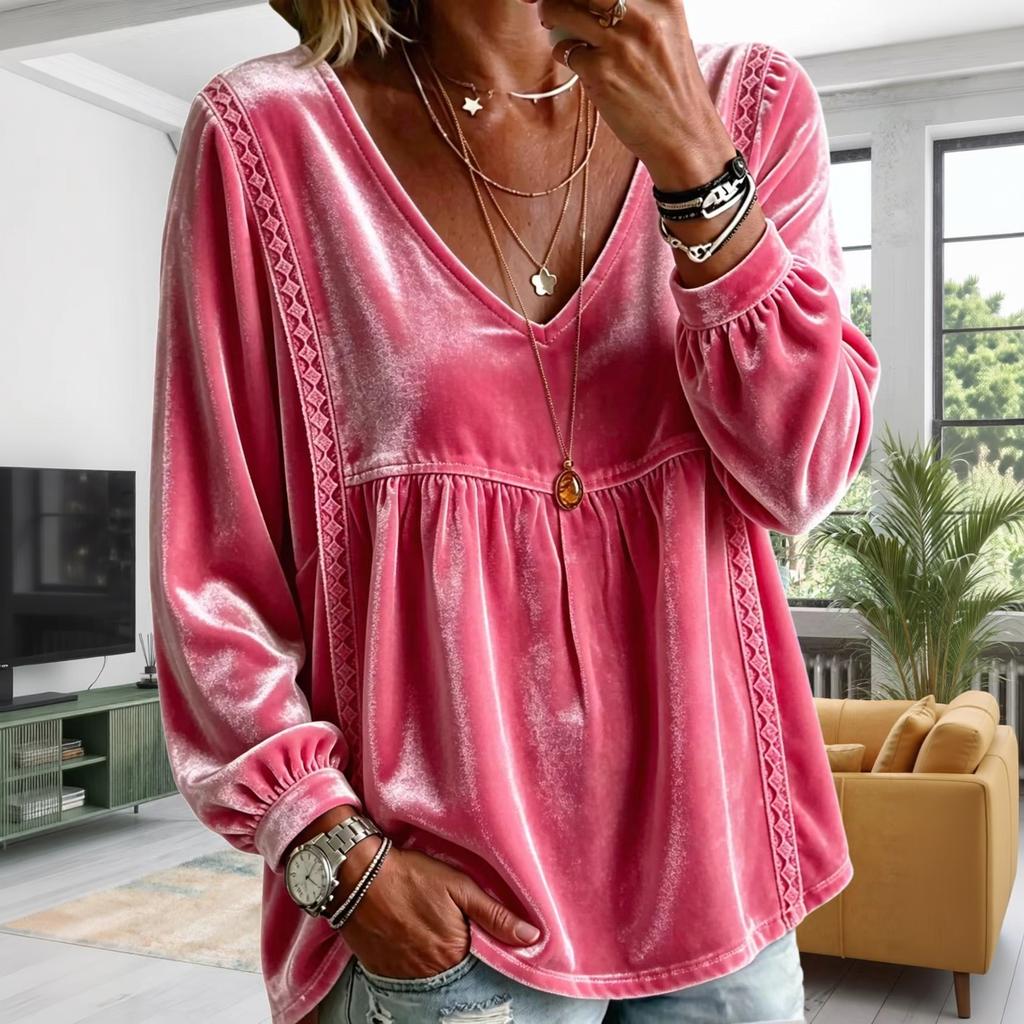 Women's V-Neck Lace Long Sleeve Blouse - Color Loose Fit Top for Everyday Wear