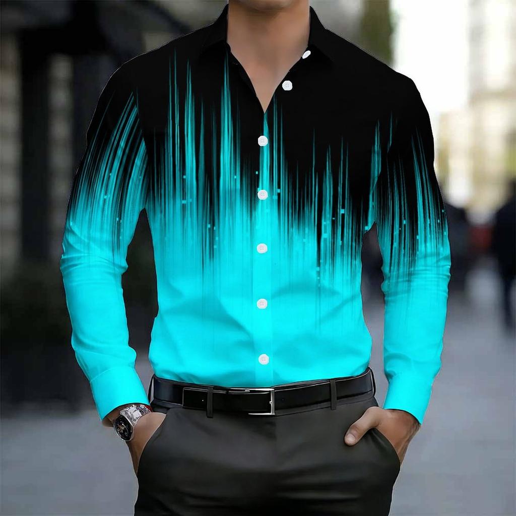 Men Collared Shirt Black White Gradient Vertical Line Splash Print Long Sleeve Button Down Top