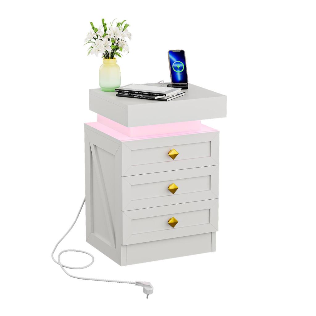 Bedside table, three drawers, with charging station, 2 AC power outlets/2 USB ports, European standard plug, white.
