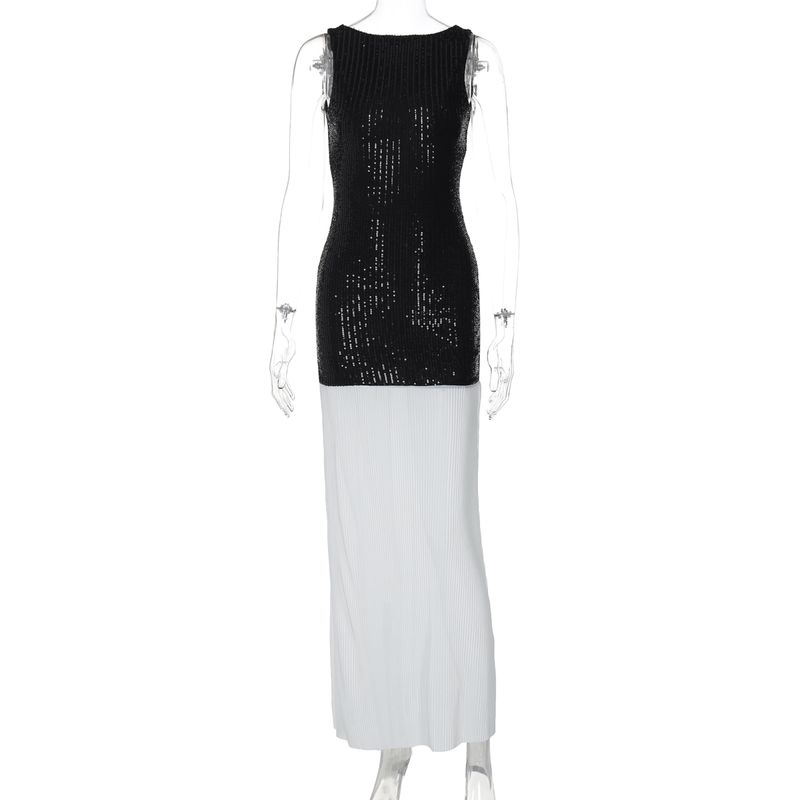 

Shemoda Black and White Patchwork Dress Sexy Sequin Black L