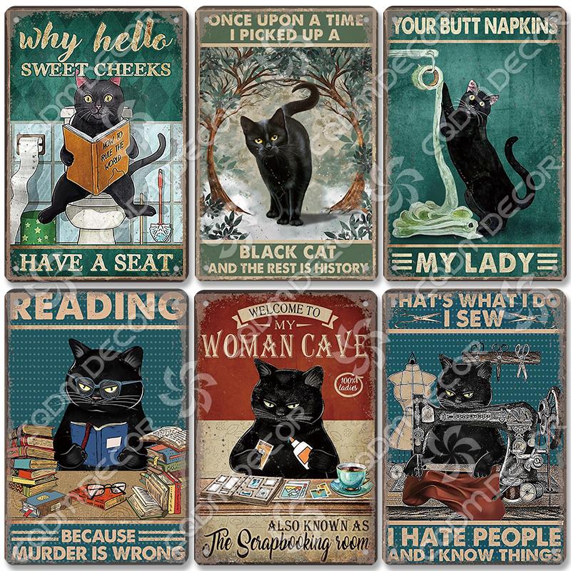 Black Cat Tin Sign Metal Plaque Read Books Drink Wine Pet Metal Poster Vintage Wall Decor for Coffee Shop Kitchen Bathroom Home