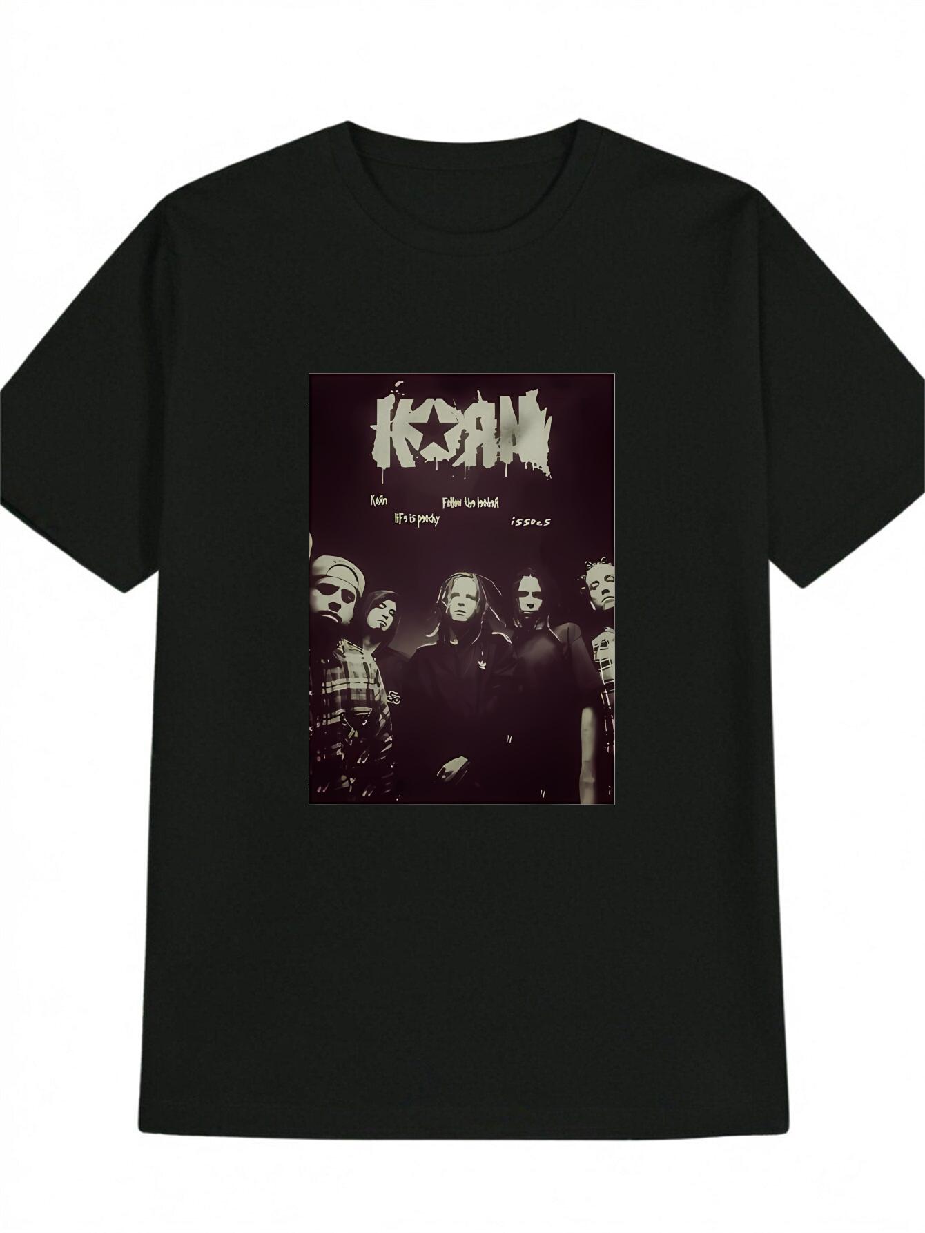 Casual Crew Neck T-shirt with KORN Star &  I m Not Dead  Graphic Print - Black L