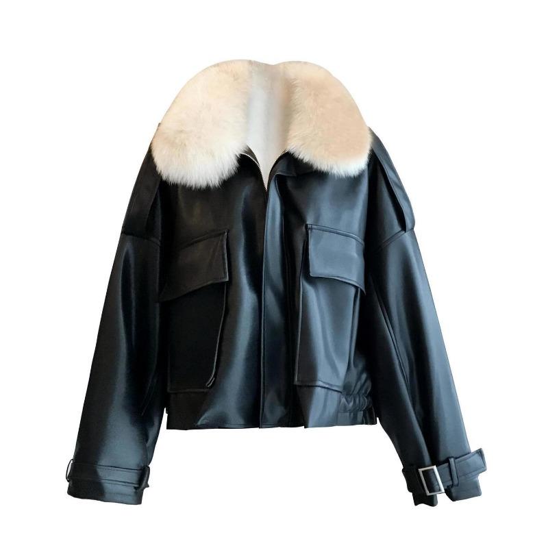 Autumn and Winter New Products Fleece Thickened Leather Jacket Short Removable Imitation Fox Fur Fur Collar Fur Integrated Coat Women