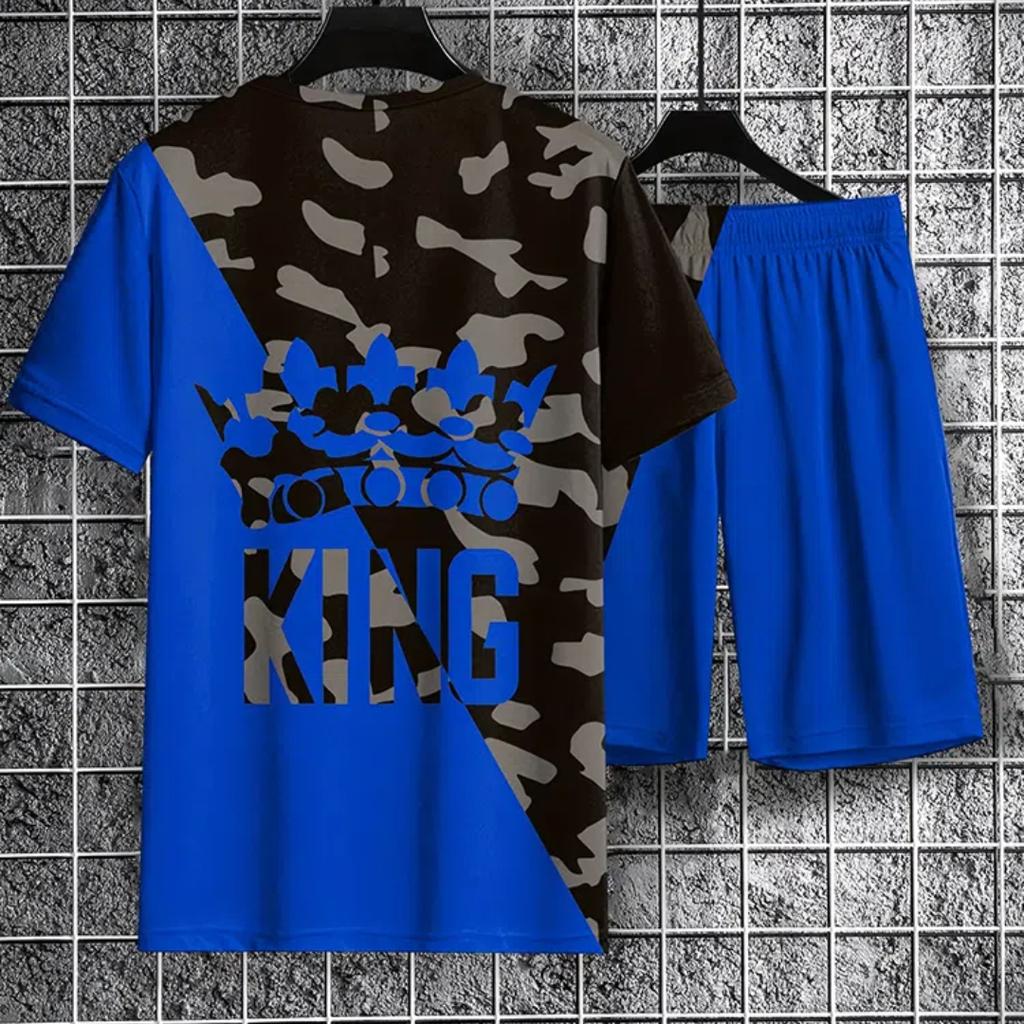 Herr Sommar Casual Kortärmad och Shorts Set Krona Grafik och 'king' Bokstavstryck T-shirt och Casual Snörshorts Set