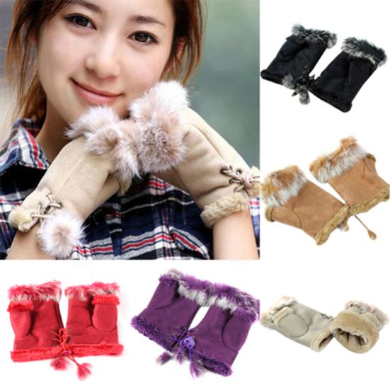 Women's Winter Faux Rabbit Fur Faux Leather Fingerless Mittens Wrist Gloves