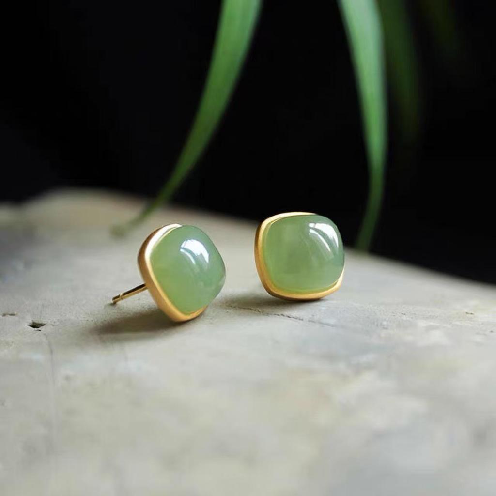 Gold-Plated Imitation Hetian Jasper Square Stud Earrings - Simple, Fashionable Women's Light Luxury Jewelry