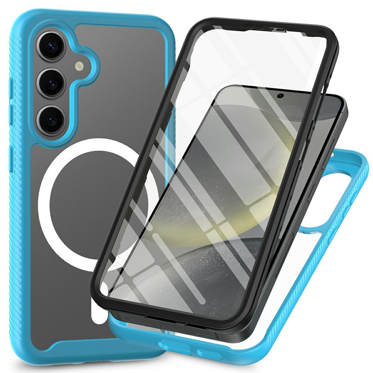 

For Samsung Galaxy S25 Magnetic Case PC+TPU Phone Cover with PET Screen Film All-Around Protection Baby Blue