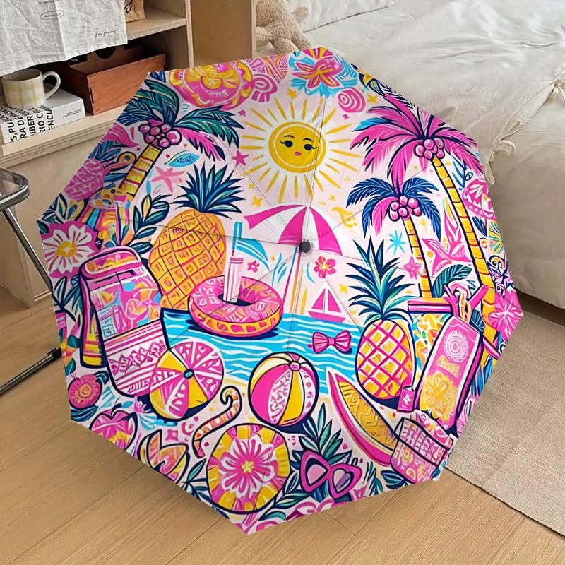 

1pc Beach Vibes Automatic Folding Umbrella Durable Iron Frame, Iron Umbrella Structure Suitable for All Seasons yy260203150